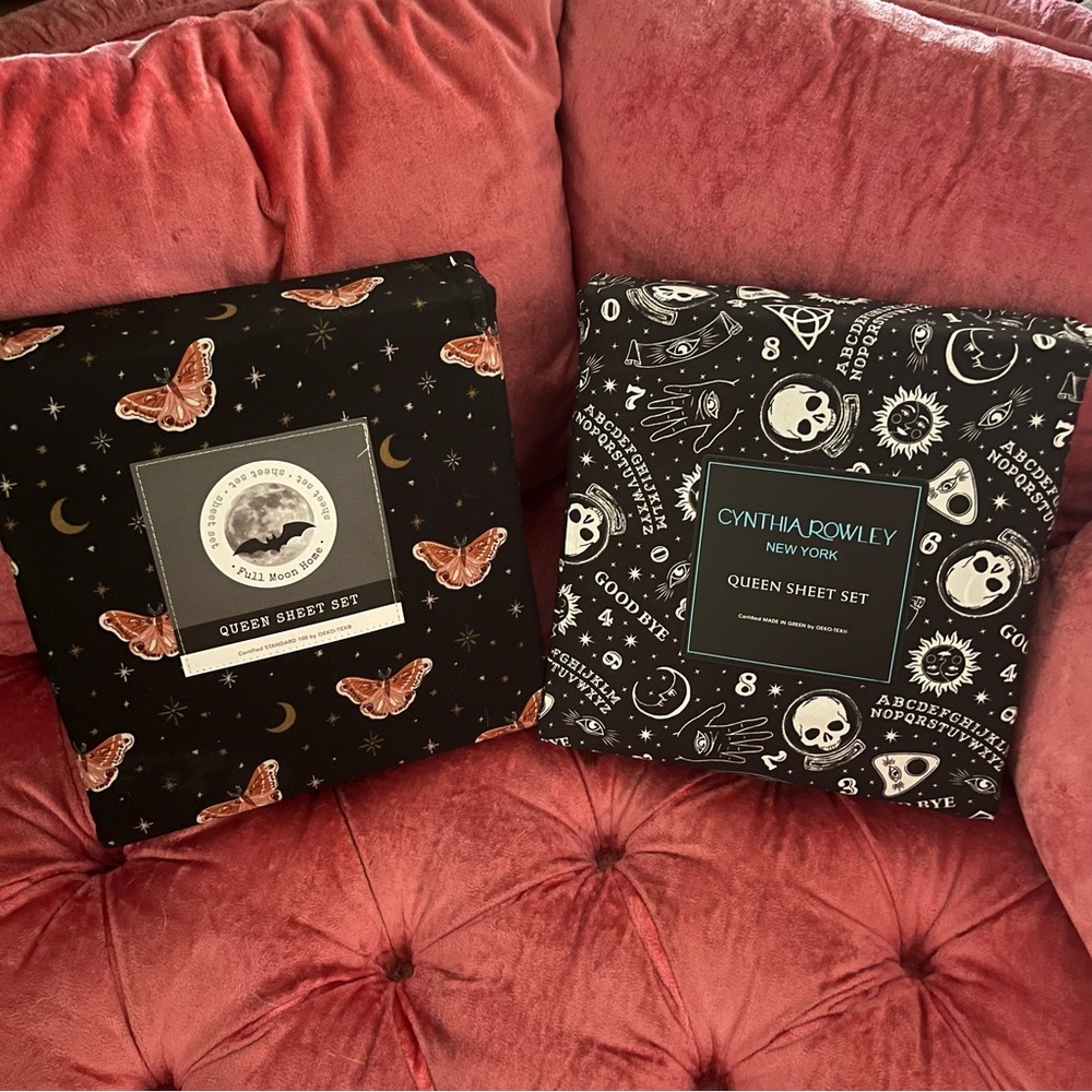 Halloween Goth QUEEN sheet set bundle. Pink Moths and Ouija